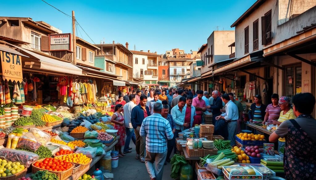 A bustling marketplace filled with a diverse community of small-scale vendors, all gathered under the warm glow of natural sunlight. In the foreground, stalls brimming with an array of locally-sourced produce, artisanal goods, and handcrafted wares. The middle ground showcases the camaraderie and cooperation among the merchants, sharing knowledge, negotiating prices, and supporting one another. In the background, a backdrop of colorful, weathered buildings, reflecting the history and character of the neighborhood. The atmosphere is vibrant, with a sense of shared purpose and resilience, as the community comes together to navigate the challenges of rising costs and uncertain times. A bustling marketplace filled with a diverse community of small-scale vendors, all gathered under the warm glow of natural sunlight. In the foreground, stalls brimming with an array of locally-sourced produce, artisanal goods, and handcrafted wares. The middle ground showcases the camaraderie and cooperation among the merchants, sharing knowledge, negotiating prices, and supporting one another. In the background, a backdrop of colorful, weathered buildings, reflecting the history and character of the neighborhood. The atmosphere is vibrant, with a sense of shared purpose and resilience, as the community comes together to navigate the challenges of rising costs and uncertain times.