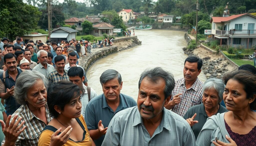 A bustling riverside community, residents gathered with expressions of concern and confusion, reacting to the sudden transformation of the once-placid waters. The foreground captures the gestures and body language of the worried onlookers, their faces a mix of surprise and apprehension. In the middle ground, the altered river flows, its color an unnatural hue that disrupts the natural order. The background showcases the familiar surroundings - houses, trees, and infrastructure - lending a sense of normalcy juxtaposed against the unsettling phenomenon. Soft, diffused lighting accentuates the tension, while a wide-angle lens captures the collective experience of the community confronting this unexpected change.