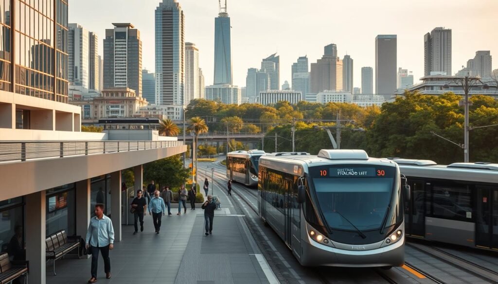 A bustling urban landscape, with an array of public transportation options seamlessly integrated into the cityscape. In the foreground, a modern bus station with sleek, minimalist design and ample seating. Pedestrians navigate the well-lit walkways, while electric trams glide through the streets, their gleaming exteriors reflecting the cityscape. In the background, towering skyscrapers and lush greenery create a harmonious blend of urban and natural elements. Warm, diffused lighting casts a soft glow, highlighting the efficient and accessible transportation network that serves the needs of the community. The scene conveys a sense of convenience, sustainability, and a high quality of life, reflecting the key factors that contribute to the overall comfort and desirability of a residential area. A bustling urban landscape, with an array of public transportation options seamlessly integrated into the cityscape. In the foreground, a modern bus station with sleek, minimalist design and ample seating. Pedestrians navigate the well-lit walkways, while electric trams glide through the streets, their gleaming exteriors reflecting the cityscape. In the background, towering skyscrapers and lush greenery create a harmonious blend of urban and natural elements. Warm, diffused lighting casts a soft glow, highlighting the efficient and accessible transportation network that serves the needs of the community. The scene conveys a sense of convenience, sustainability, and a high quality of life, reflecting the key factors that contribute to the overall comfort and desirability of a residential area.