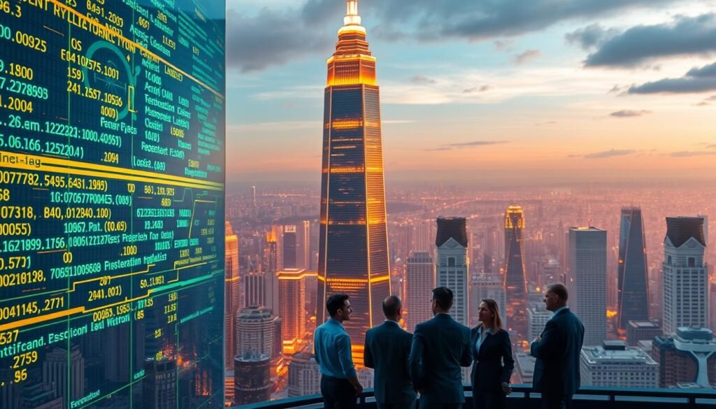 A detailed, futuristic cityscape with a towering skyscraper in the center, illuminated by warm, golden lighting. In the foreground, a digital display showcases intricate cryptocurrency transaction data, symbolizing the complex regulatory landscape. The middle ground features a group of businesspeople in formal attire, engaged in a lively discussion, representing the stakeholders navigating the evolving cryptocurrency regulations. The background showcases a bustling metropolis, with a mix of modern and traditional architecture, reflecting the global nature of the cryptocurrency market. The overall scene conveys a sense of progress, innovation, and the need for balanced regulation in the rapidly evolving cryptocurrency industry.