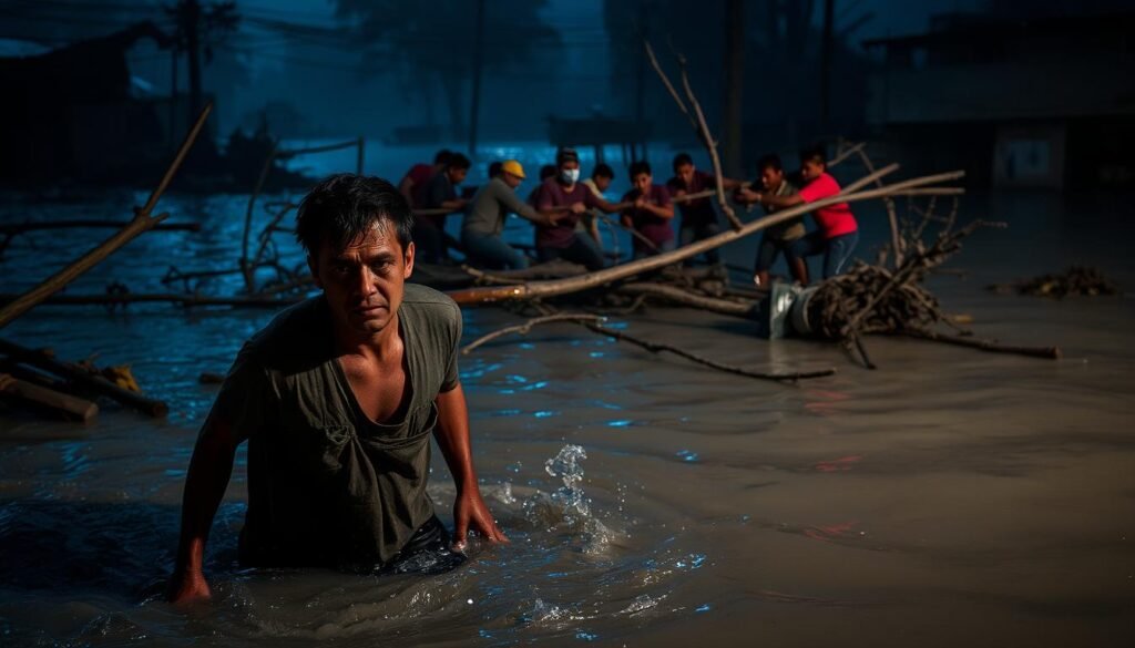 A dimly lit scene depicting the challenges faced by volunteer relief workers amid a sudden flash flood. In the foreground, a weary volunteer navigates through chest-deep murky waters, their expression etched with determination. Debris and fallen branches obstruct their path, creating an obstacle course of hazards. In the middle ground, a group of volunteers work tirelessly to clear a passage, their bodies straining against the swift current. The background is shrouded in an eerie, bluish hue, with the silhouettes of partially submerged structures hinting at the scale of the disaster. The overall atmosphere conveys a sense of urgency, resilience, and the immense physical and emotional toll on the volunteers as they confront the unexpected challenges of the flash flood.