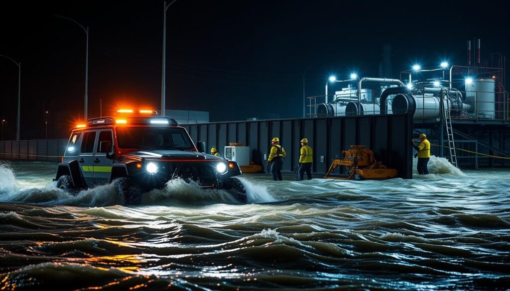 A dramatic scene of cutting-edge flood mitigation technology in action. In the foreground, a high-tech amphibious rescue vehicle navigates the churning floodwaters, its powerful lights cutting through the gloom. In the middle ground, a team of emergency responders deploy a modular flood barrier system, seamlessly interlocking sturdy panels to redirect the rushing current. In the background, an advanced water pumping station operates tirelessly, its industrial machinery straining to evacuate the rising flood. The scene is bathed in the cool glow of emergency lighting, conveying a sense of urgency and technical expertise in the face of nature's fury. Detailed textures, realistic shadows, and a cinematic camera angle heighten the drama and convey the gravity of the situation.