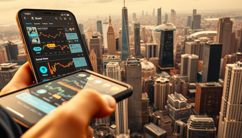 A dynamic crypto investment landscape unfolds, with investors navigating a social media-driven market. In the foreground, a smartphone displays a mosaic of trading graphs, news feeds, and social media chatter, reflecting the real-time pulse of the crypto sphere. The middle ground features a diverse array of digital tokens, their values fluctuating amidst the cacophony of online commentary. In the background, a cityscape of skyscrapers and tech hubs serves as a backdrop, symbolizing the global reach and technological underpinnings of the crypto ecosystem. Warm, diffused lighting and a sense of movement convey the excitement and volatility inherent in this rapidly evolving financial frontier.