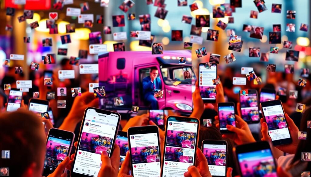 A lively social media feed, teeming with shares, comments, and reactions. In the foreground, a dramatic image of a heroic truck driver saving passengers captivates the digital audience. Vibrant colors and dynamic compositions draw the viewer's eye, while the middle ground showcases a collage of smartphone screens, each displaying the viral story from different angles. In the background, a blurred cityscape sets the scene, hinting at the far-reaching impact of the event. Warm lighting and a sense of urgency convey the powerful emotions evoked by this inspiring act of bravery, as the online community rallies in support. A lively social media feed, teeming with shares, comments, and reactions. In the foreground, a dramatic image of a heroic truck driver saving passengers captivates the digital audience. Vibrant colors and dynamic compositions draw the viewer's eye, while the middle ground showcases a collage of smartphone screens, each displaying the viral story from different angles. In the background, a blurred cityscape sets the scene, hinting at the far-reaching impact of the event. Warm lighting and a sense of urgency convey the powerful emotions evoked by this inspiring act of bravery, as the online community rallies in support.