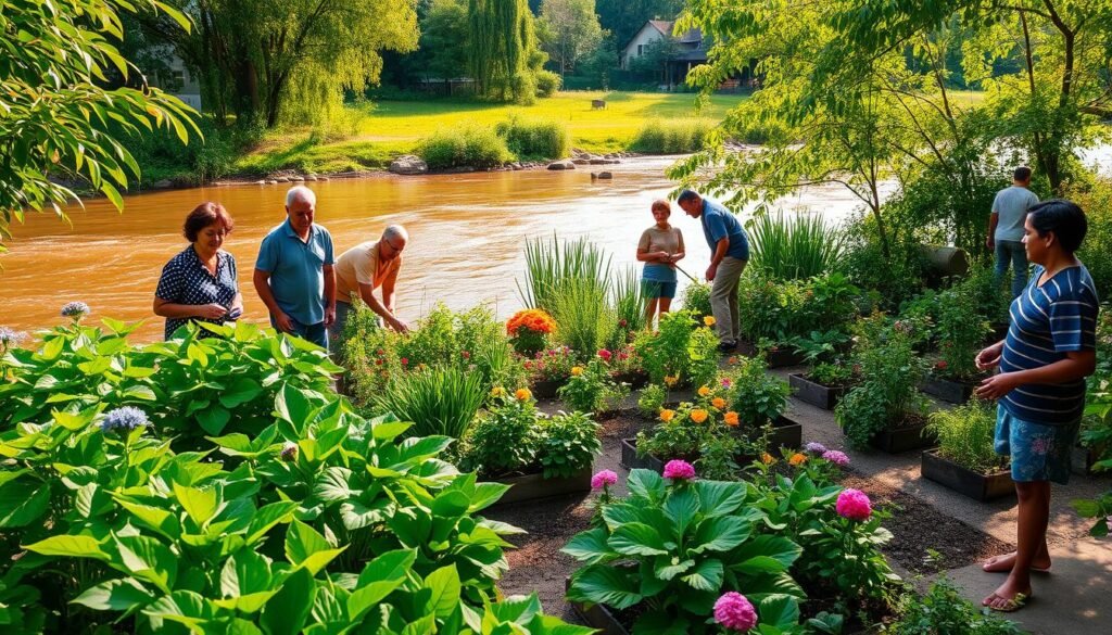 A lush riverside community garden, filled with vibrant green foliage and thriving local flora. In the foreground, a group of residents tending to the plants, their faces alight with purpose as they work together to maintain this verdant oasis. The middle ground reveals neatly organized garden beds, dotted with colorful blooms and herbs. In the background, the gently flowing river reflects the warm sunlight, casting a serene ambiance over the entire scene. The atmosphere is one of collaboration, environmental stewardship, and a deep connection between the community and their local natural resources.