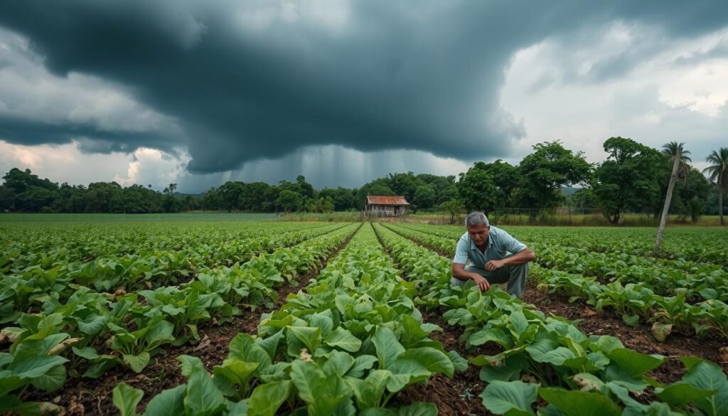 A lush, verdant farmland stretches out under a gloomy, overcast sky. In the foreground, rows of crops wilt and wither, their once vibrant leaves now dull and discolored. A farmer kneels in the soil, a concerned expression on their face as they inspect the damage. In the middle ground, a small farmhouse stands, its once-sturdy walls battered by heavy rains and fierce winds. Towering, ominous storm clouds loom on the horizon, foreshadowing the impending disruption to the delicate balance of the agricultural ecosystem. A somber, melancholic atmosphere pervades the scene, reflecting the profound impact of climate change on the once-thriving farmland.