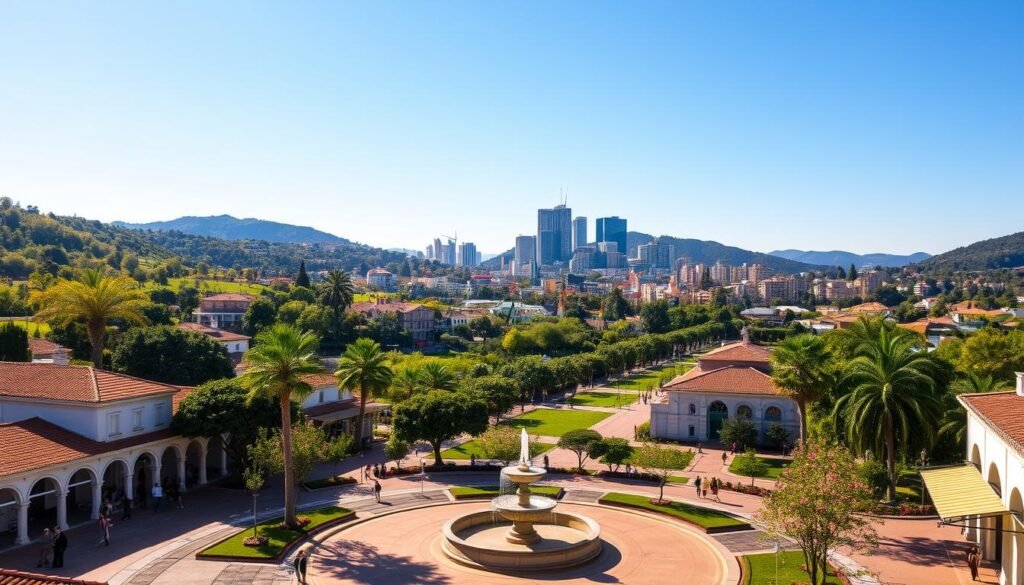 A serene cityscape nestled in verdant hills, bathed in warm afternoon sunlight. In the foreground, a bustling town square with charming colonial-style buildings, pedestrians strolling leisurely, and a central fountain providing a soothing ambiance. The middle ground features lush, manicured parks dotted with towering palms and blooming flowers. In the distance, the silhouettes of high-rise apartments and office towers rise elegantly against a clear, azure sky. The scene conveys a sense of tranquility, harmony, and a high quality of urban living. kota metropolitan