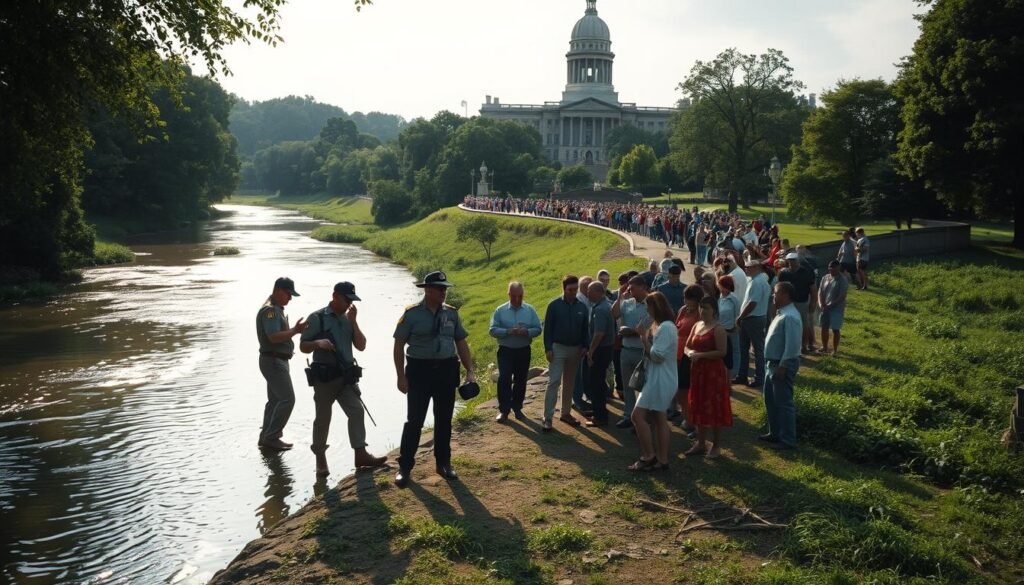A sunlit river winding through a lush, verdant landscape. In the foreground, officials in uniform stand by, closely inspecting the water's discolored surface. The middle ground features a crowd of concerned citizens, gesturing and conversing animatedly. In the background, a government building stands tall, its authoritative presence looming over the scene. Soft, diffused lighting casts a contemplative mood, as the authorities carefully document and assess the situation. A 35mm lens captures the unfolding events with a sense of immediacy and urgency, inviting the viewer to witness this pivotal moment of environmental investigation and community response.