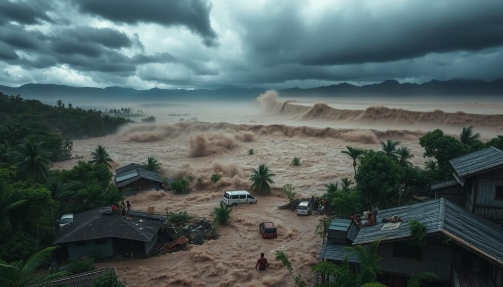 A torrential flash flood cascades through a lush, verdant Indonesian landscape. Rushing waters engulf entire villages, sweeping away buildings, trees, and vehicles in a chaotic, churning maelstrom. Dark, ominous clouds loom overhead, casting an eerie, atmospheric glow over the devastation. In the foreground, desperate residents cling to rooftops and debris, their faces etched with fear and desperation. The middle ground reveals the sheer power of the floodwaters, tearing through the heart of the community. In the distance, the horizon is obscured by a towering wall of muddy water, an unstoppable force of nature. Capture the raw, visceral intensity of this historic "banjir bandang" flood event in Indonesia, a tragedy that has shaped the country's history.