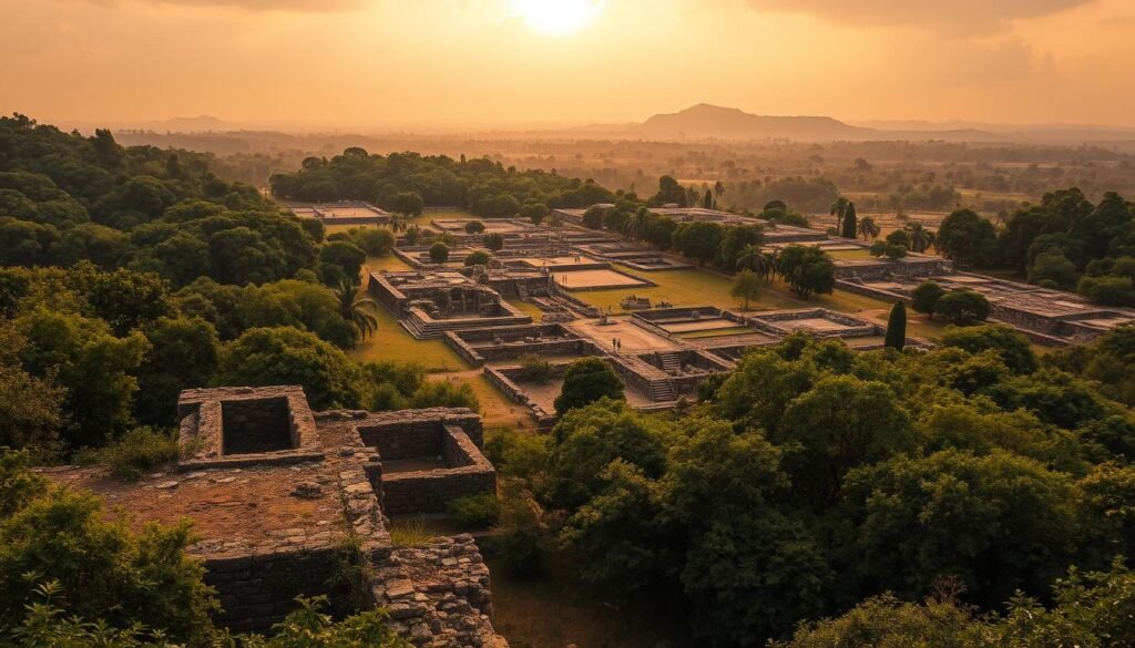 A vast, ancient archaeological site nestled amidst lush, verdant foliage. In the foreground, weathered stone structures and crumbling ruins stand as silent witnesses to a bygone era. The middle ground is dotted with archaeological excavations, where teams of researchers carefully unearth the secrets of the past. In the background, a hazy, dramatic sky sets the stage, casting a warm, golden glow over the scene. The image conveys a sense of mystery and discovery, capturing the essence of this newly uncovered archaeological treasure trove that holds the potential to unlock the mysteries of a long-lost civilization. Penemuan arkeologi