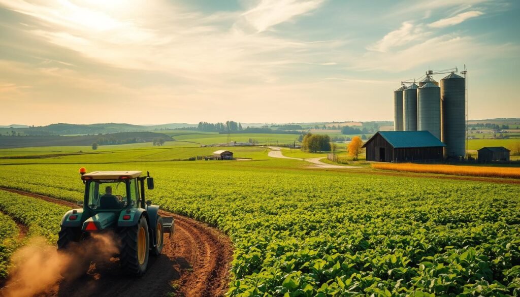 A vast farmland stretches out, dotted with verdant fields of lush, ripe crops. In the foreground, a tractor tills the soil, kicking up plumes of earthy dust. Sunlight filters through wispy clouds, casting a warm, golden glow across the scene. In the middle ground, a rustic barn stands, its wooden beams and tin roof weathered by the elements. Towering grain silos rise up, their metallic surfaces gleaming. In the distance, a network of winding roads leads to small, quaint villages, where the fruits of the land are harvested and distributed. The overall atmosphere exudes a sense of abundance, hard work, and the vital importance of food production.
