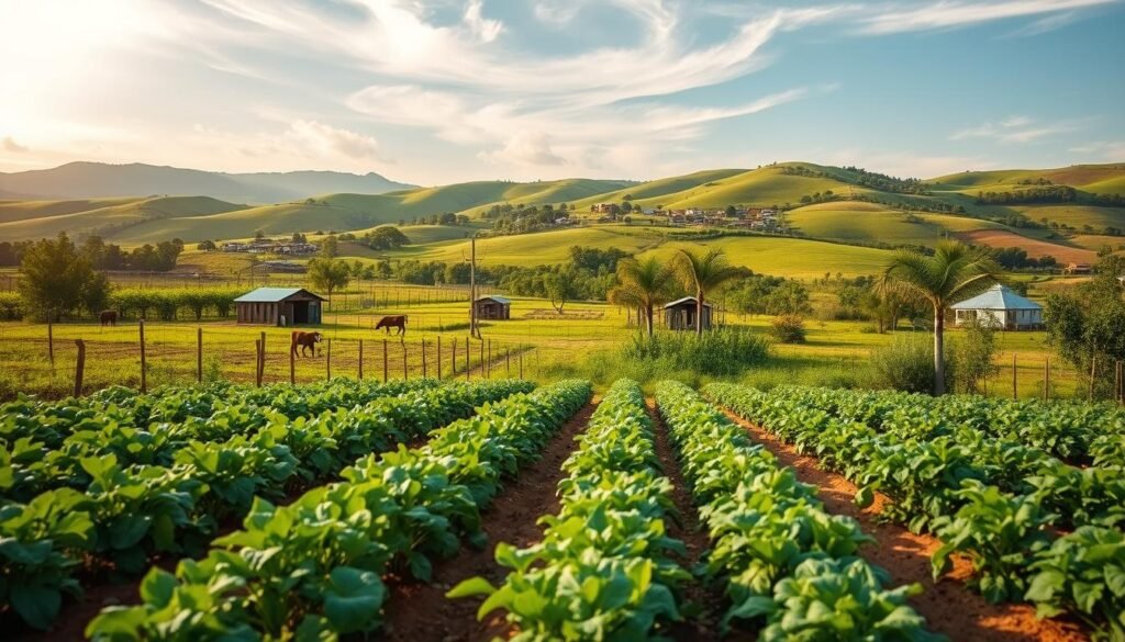 A vibrant, verdant landscape showcasing sustainable farming practices. In the foreground, a community garden with rows of thriving crops, tended by dedicated hands. The middle ground features small-scale livestock pens, integrated with the agricultural system. In the background, rolling hills dotted with fruit orchards and agroforestry plots, creating a diverse, resilient ecosystem. Warm, golden sunlight filters through wispy clouds, illuminating the scene with an air of hope and progress. The overall composition conveys a sense of harmony between human activity and the natural world, a testament to the power of community-driven, sustainable agriculture.