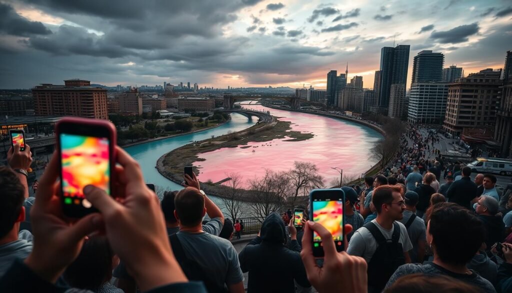 A viral social media landscape, with a vibrant, color-changing river winding through a bustling urban setting. The foreground features scrolling phone screens, as people react and share the phenomenon online. In the middle ground, onlookers gaze in wonder at the mesmerizing waterway. The background is a cityscape, with towering buildings and a dramatic sky, tinged with the shifting hues of the river. Dramatic lighting casts long shadows, creating a sense of urgency and excitement. Captured with a wide-angle lens, the scene conveys the rapid spread of this unexpected news event through the power of social media.