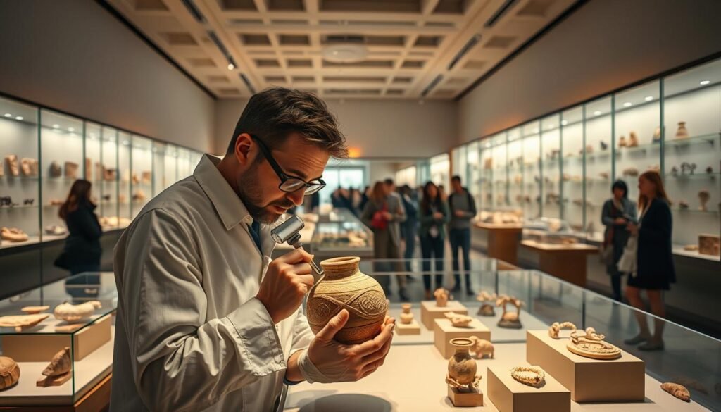 A well-lit museum gallery, showcasing a diverse array of ancient artifacts on display. In the foreground, a conservator meticulously examines a fragile ceramic vase, using specialized tools and magnifiers to study its intricate designs. Surrounding them, glass cases contain a range of artifacts, from stone tools to delicate jewelry, all illuminated by warm, focused lighting. In the background, visitors observe the conservation process, their silhouettes adding a sense of scale and reverence to the scene. The overall atmosphere conveys the importance of preserving these remnants of forgotten civilizations, with a sense of reverence and scholarly dedication. A well-lit museum gallery, showcasing a diverse array of ancient artifacts on display. In the foreground, a conservator meticulously examines a fragile ceramic vase, using specialized tools and magnifiers to study its intricate designs. Surrounding them, glass cases contain a range of artifacts, from stone tools to delicate jewelry, all illuminated by warm, focused lighting. In the background, visitors observe the conservation process, their silhouettes adding a sense of scale and reverence to the scene. The overall atmosphere conveys the importance of preserving these remnants of forgotten civilizations, with a sense of reverence and scholarly dedication.