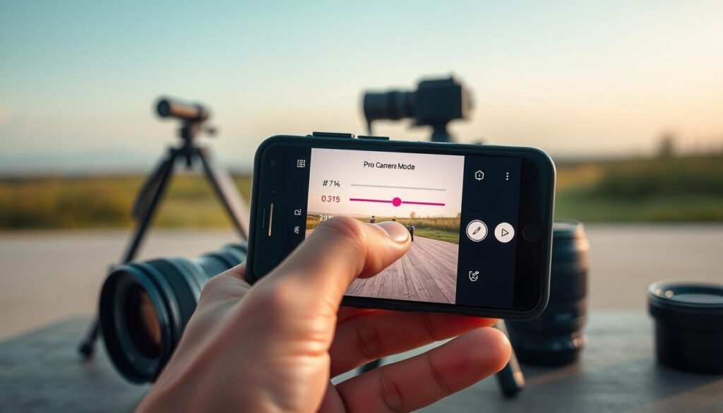 A close-up shot of a smartphone displaying the pro camera mode settings on its screen, with vibrant icons and adjustable sliders. In the foreground, a hand holds the phone, showcasing a well-manicured finger adjusting a setting. The middle ground features several photography tools like a tripod and external lenses, hinting at professional photography gear. In the background, a blurred outdoor scene with soft, natural lighting enhances the mood, suggesting an ideal environment for capturing stunning photos. The atmosphere is calm and inspiring, encouraging amateur photographers to explore their creativity using their mobile devices. The overall composition is sharp, well-lit, and minimalist, focusing on the smartphone and its capabilities.