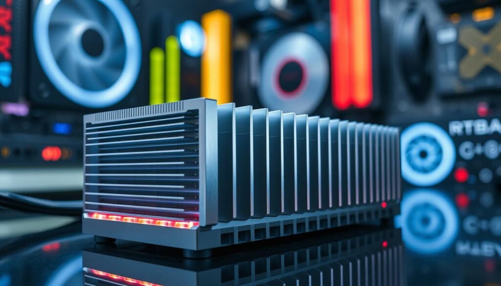 A close-up view of a sleek, modern heatsink specifically designed for an NVMe Gen 5 SSD, showcasing its intricate fins and heat-dissipating design. The heatsink is displayed prominently in the foreground, reflecting polished aluminum and subtle LED lighting that emphasizes its elegance and performance capabilities. In the middle ground, the SSD itself is partially visible, revealing its compact form factor. The background is softly blurred, depicting a high-tech workstation with ambient lighting that hints at a gaming or performance-tuning environment. The overall atmosphere conveys innovation and cutting-edge technology, illuminated by soft, focused lighting that highlights the details of the heatsink, creating a dynamic and engaging visual presentation for tech enthusiasts.