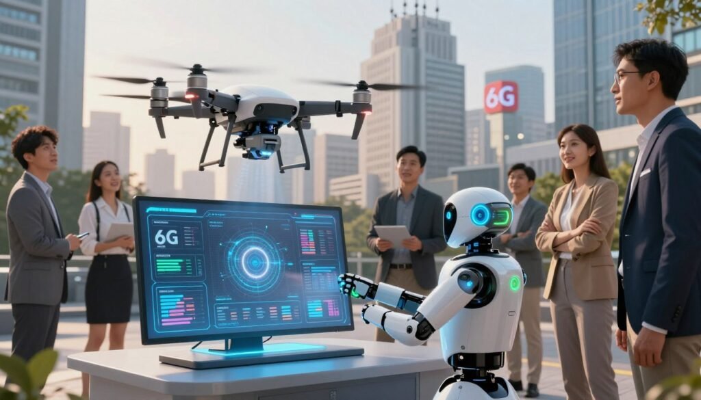 A cutting-edge scene showcasing the integration of drone technology and 6G robotics in a modern urban environment. In the foreground, a sleek drone is hovering above a neatly designed digital interface that displays real-time data analytics. Nearby, a compact, futuristic robot interacts with the interface, its sensors glowing softly in a spectrum of blue and green lights. In the middle ground, a diverse group of professionals dressed in smart business attire observes the demonstration, their expressions a mix of curiosity and excitement. The background features a vibrant cityscape with tall buildings adorned with antennas and 6G signage. The scene is illuminated by warm, ambient daylight, casting soft shadows, creating an optimistic and innovative atmosphere. The overall composition highlights the promise of 6G technology and its practical applications in everyday life. A cutting-edge scene showcasing the integration of drone technology and 6G robotics in a modern urban environment. In the foreground, a sleek drone is hovering above a neatly designed digital interface that displays real-time data analytics. Nearby, a compact, futuristic robot interacts with the interface, its sensors glowing softly in a spectrum of blue and green lights. In the middle ground, a diverse group of professionals dressed in smart business attire observes the demonstration, their expressions a mix of curiosity and excitement. The background features a vibrant cityscape with tall buildings adorned with antennas and 6G signage. The scene is illuminated by warm, ambient daylight, casting soft shadows, creating an optimistic and innovative atmosphere. The overall composition highlights the promise of 6G technology and its practical applications in everyday life.