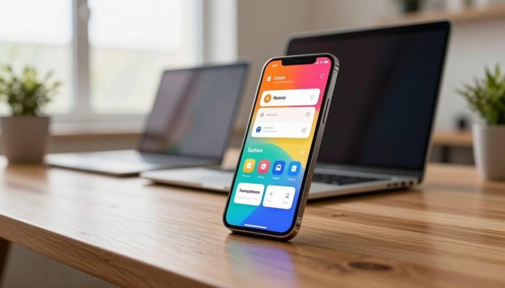 A modern smartphone screen displaying a vibrant, user-friendly interface showcasing the latest software and system updates. In the foreground, the phone is elegantly positioned on a sleek wooden desk, with a subtle reflection of the interface on the surface. In the middle ground, soft-focus laptop and digital devices hint at a tech-savvy environment. The background features a bright, airy workspace, filled with plants and ambient light filtering through large windows, creating a calm and productive atmosphere. The lighting should be warm, highlighting the phone's display, and the angle should be slightly elevated to emphasize the details on the screen. The mood is professional and cutting-edge, capturing the essence of software excellence in smartphones. A modern smartphone screen displaying a vibrant, user-friendly interface showcasing the latest software and system updates. In the foreground, the phone is elegantly positioned on a sleek wooden desk, with a subtle reflection of the interface on the surface. In the middle ground, soft-focus laptop and digital devices hint at a tech-savvy environment. The background features a bright, airy workspace, filled with plants and ambient light filtering through large windows, creating a calm and productive atmosphere. The lighting should be warm, highlighting the phone's display, and the angle should be slightly elevated to emphasize the details on the screen. The mood is professional and cutting-edge, capturing the essence of software excellence in smartphones.