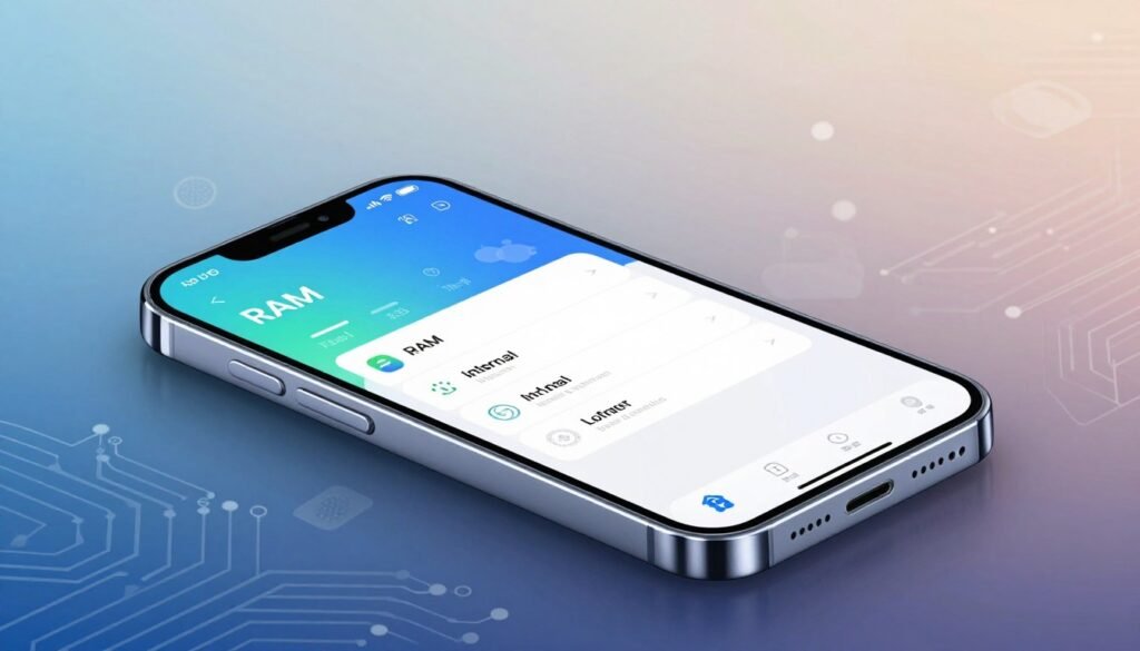 A sleek, modern smartphone with a glossy finish sits prominently in the foreground, showcasing its vibrant screen displaying a detailed interface for RAM and internal storage settings. The background features a blurred gradient of technology-inspired patterns, symbolizing connectivity, with faint silhouettes of circuit boards and abstract geometric shapes. Soft, diffused lighting highlights the smartphone's curves and details, creating a high-tech atmosphere. The angle is slightly from above, emphasizing the screen's clarity and the device's elegant design. The image conveys a sense of innovation and performance, ideal for comparing advanced mobile technology. A sleek, modern smartphone with a glossy finish sits prominently in the foreground, showcasing its vibrant screen displaying a detailed interface for RAM and internal storage settings. The background features a blurred gradient of technology-inspired patterns, symbolizing connectivity, with faint silhouettes of circuit boards and abstract geometric shapes. Soft, diffused lighting highlights the smartphone's curves and details, creating a high-tech atmosphere. The angle is slightly from above, emphasizing the screen's clarity and the device's elegant design. The image conveys a sense of innovation and performance, ideal for comparing advanced mobile technology.